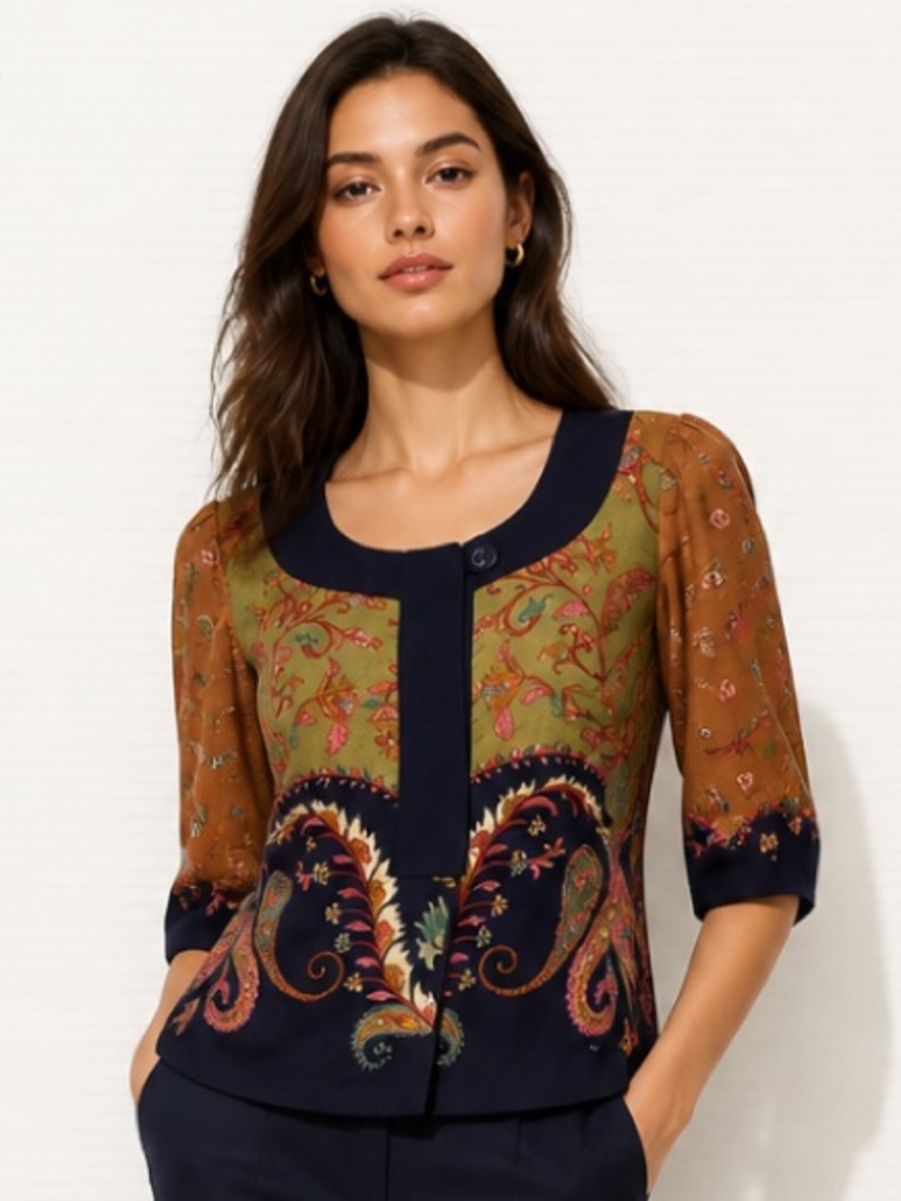 ELEVENSES Anthropologie Floral Paisley Patchwork Peasant Blazer Jacket Boho